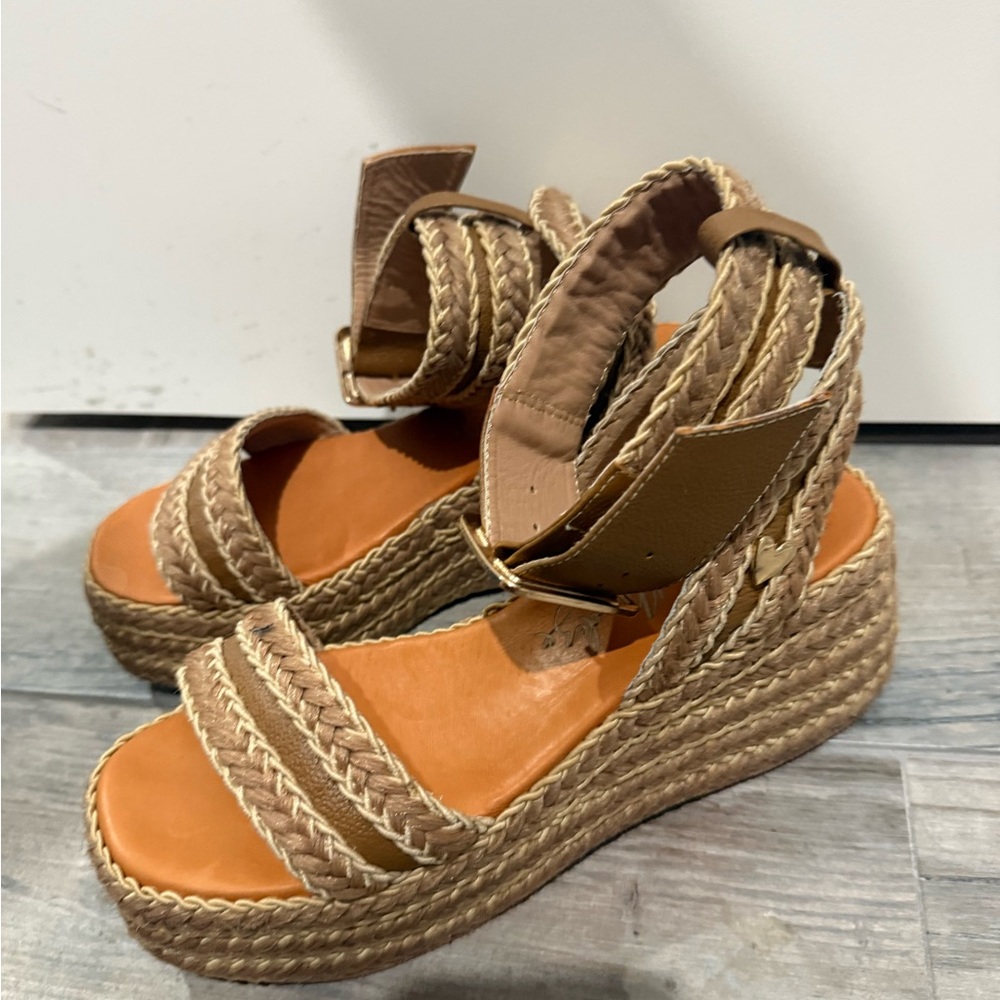 Women's Tan Braided Espadrille Wedge Sandals with Ankle Strap